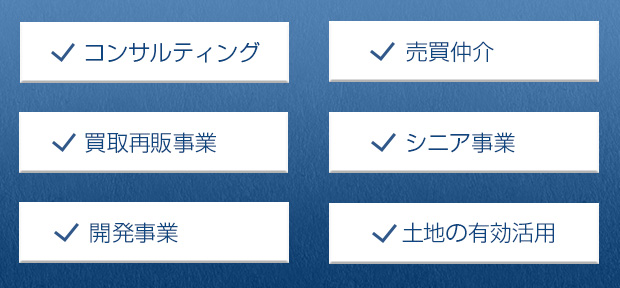 コンサルティング・売買仲介・買取再販事業・シニア事業・開発事業・土地の有効活用